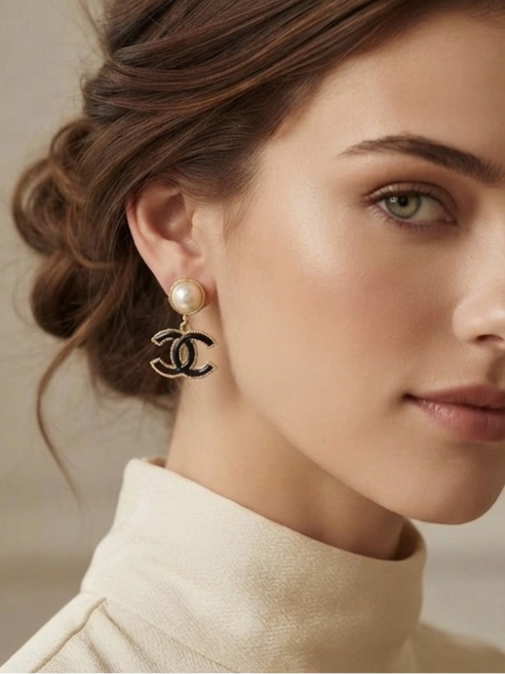 CHANEL Drop Logo Pearl Earrings